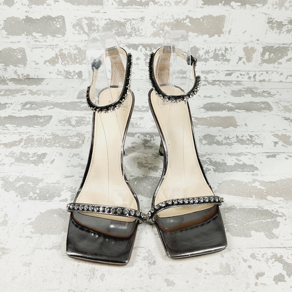 New Marc Fisher Karima Black Metallic Ankle Strap Heels Sandals T644 - Picture 3 of 14